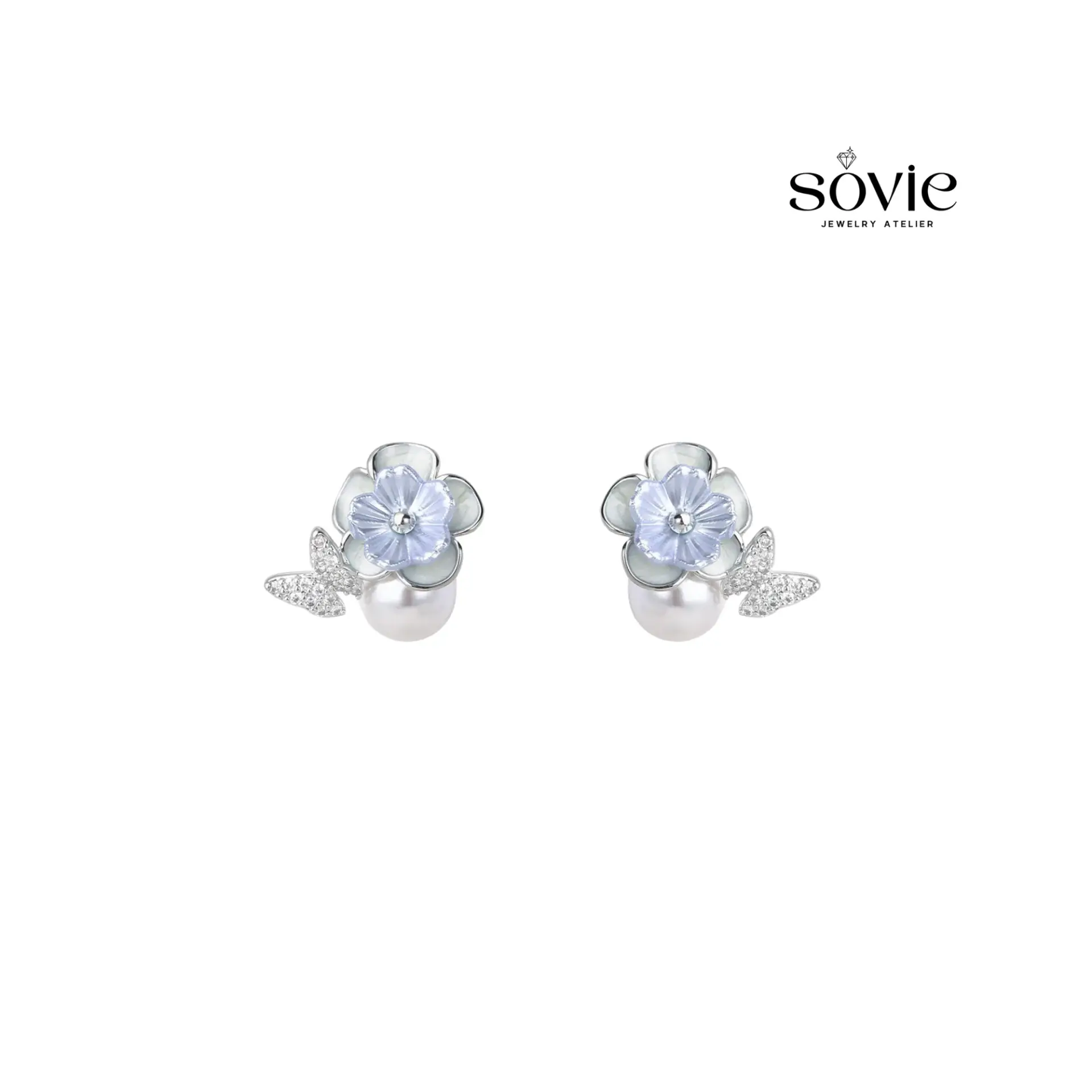Blue Camellia & Butterfly Pearl Earrings