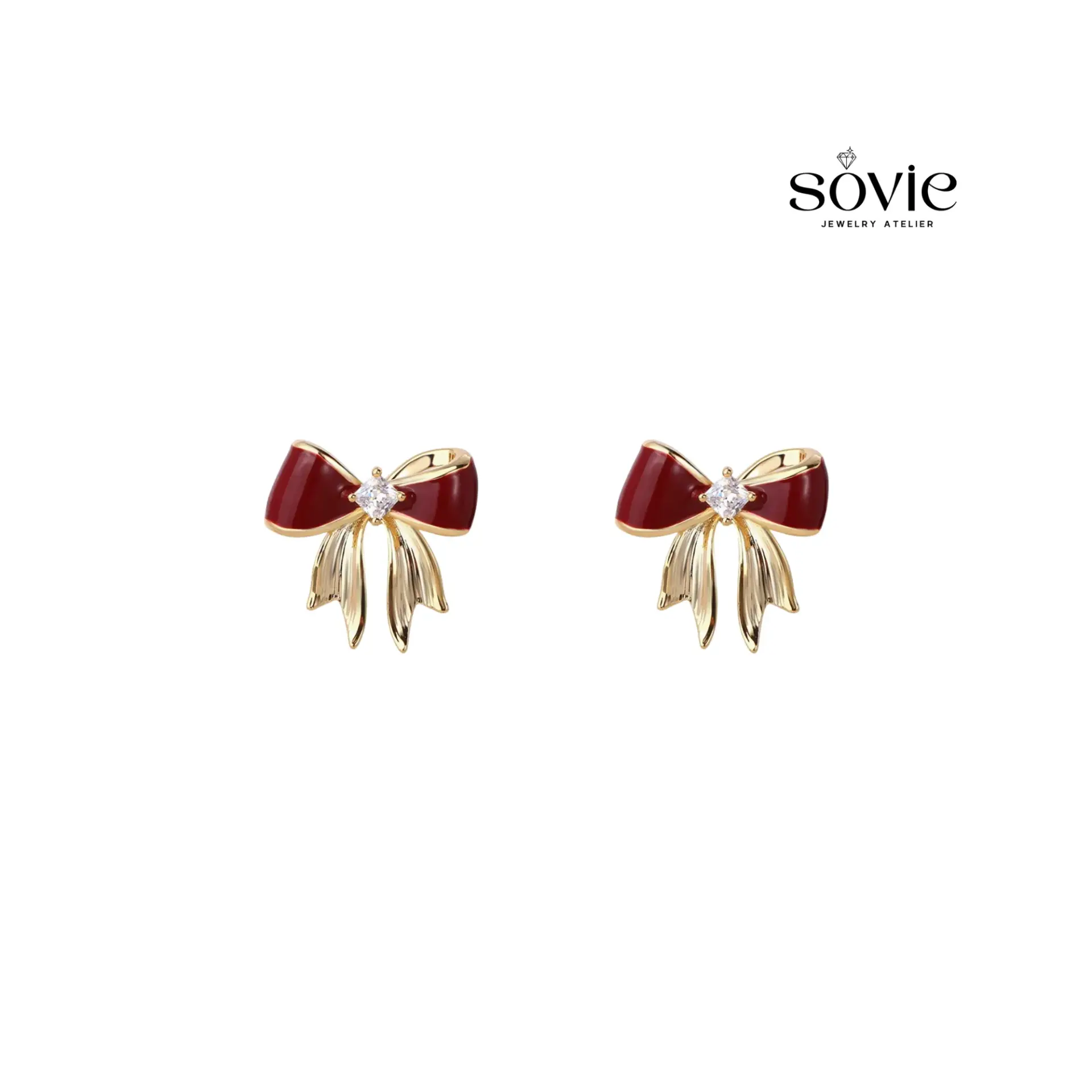Burgundy Enamel Ribbon Bow Stud Earrings