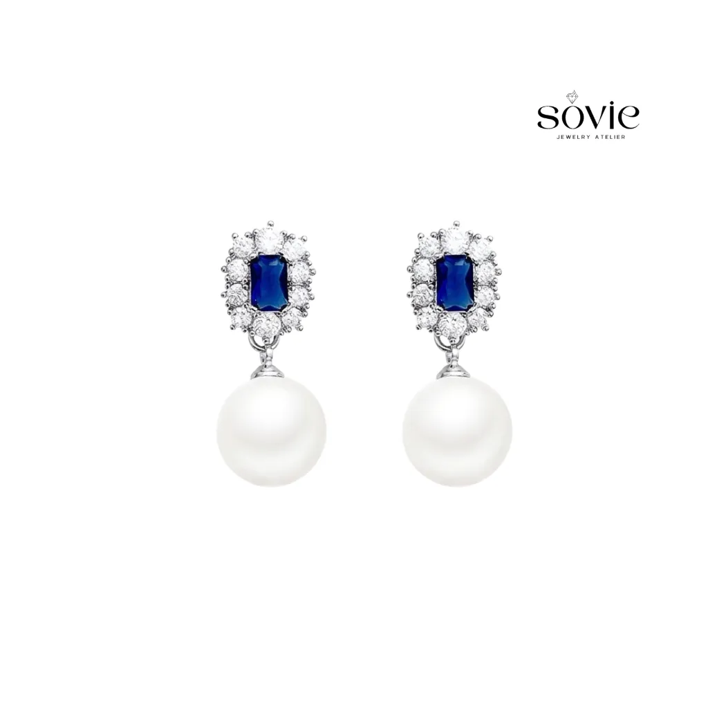 Sapphire Halo Pearl Drop Earrings